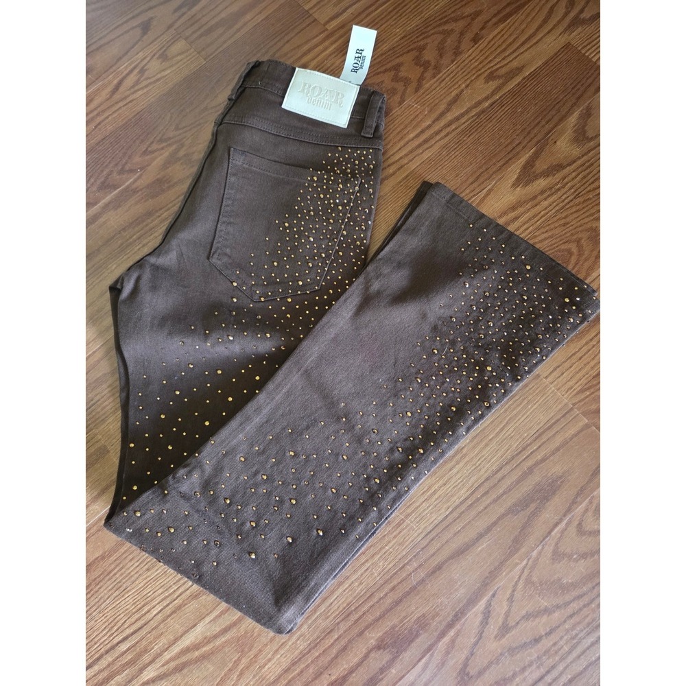 Roar Denim Womens Brown Rhinestone Flare Jeans Studded Wide Leg 30x34 NWT